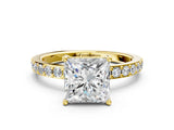 Yellow gold Princess Cut Diamond Solitaire with Pave Band and Four-Prong Setting