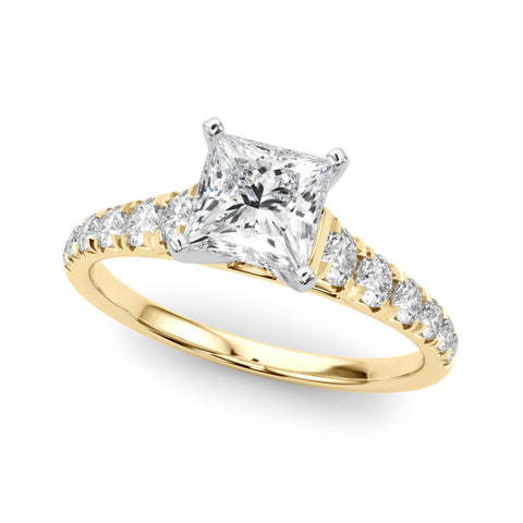 Yellow gold Princess Cut Diamond Solitaire with Pave Band and Four-Prong Setting