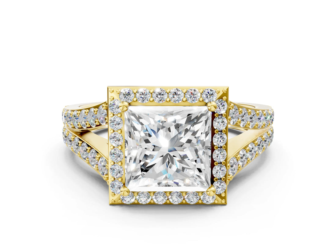 Yellow gold Princess Cut Diamond Split Shank Halo Ring with Four-Prong Setting_68