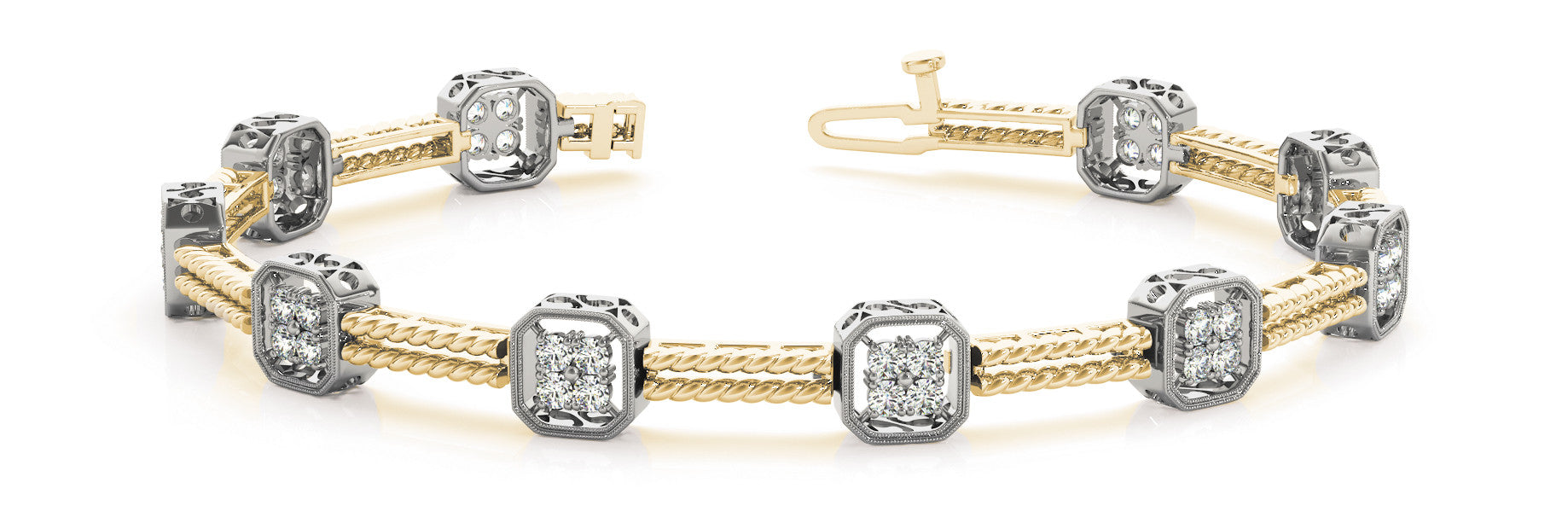 Yellow gold Princess Cut Diamond Tennis Bracelet with Rope Band and Bezel Setting