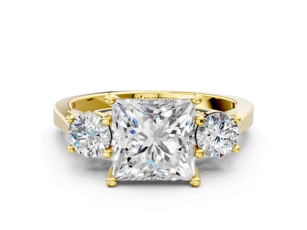 Yellow gold Princess Cut Diamond Three-Stone Engagement Ring with Prong Setting and Pavé Band