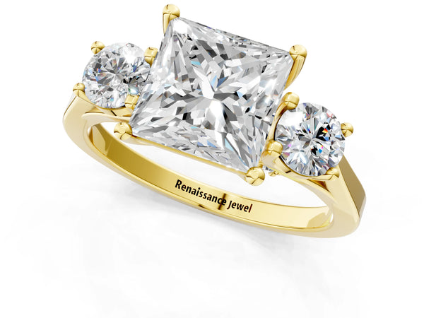 Yellow gold Princess Cut Diamond Three-Stone Engagement Ring with Prong Setting and Pavé Band