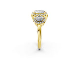Yellow gold Princess Cut Diamond Three-Stone Halo Ring with Prong Setting and Pavé Accents_11