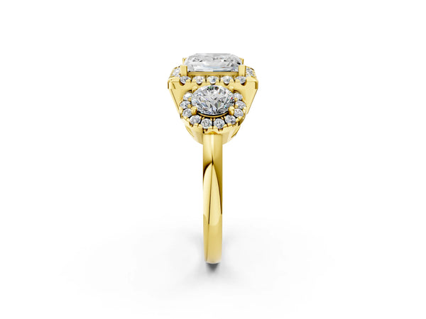 Yellow Gold Princess Cut Three Stone Halo Engagement Ring Setting