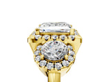 Yellow gold Princess Cut Diamond Three-Stone Halo Ring with Prong Setting and Pavé Accents_14