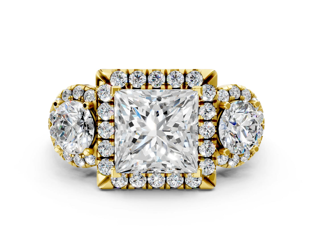 Yellow gold Princess Cut Diamond Three-Stone Halo Ring with Prong Setting and Pavé Accents_9