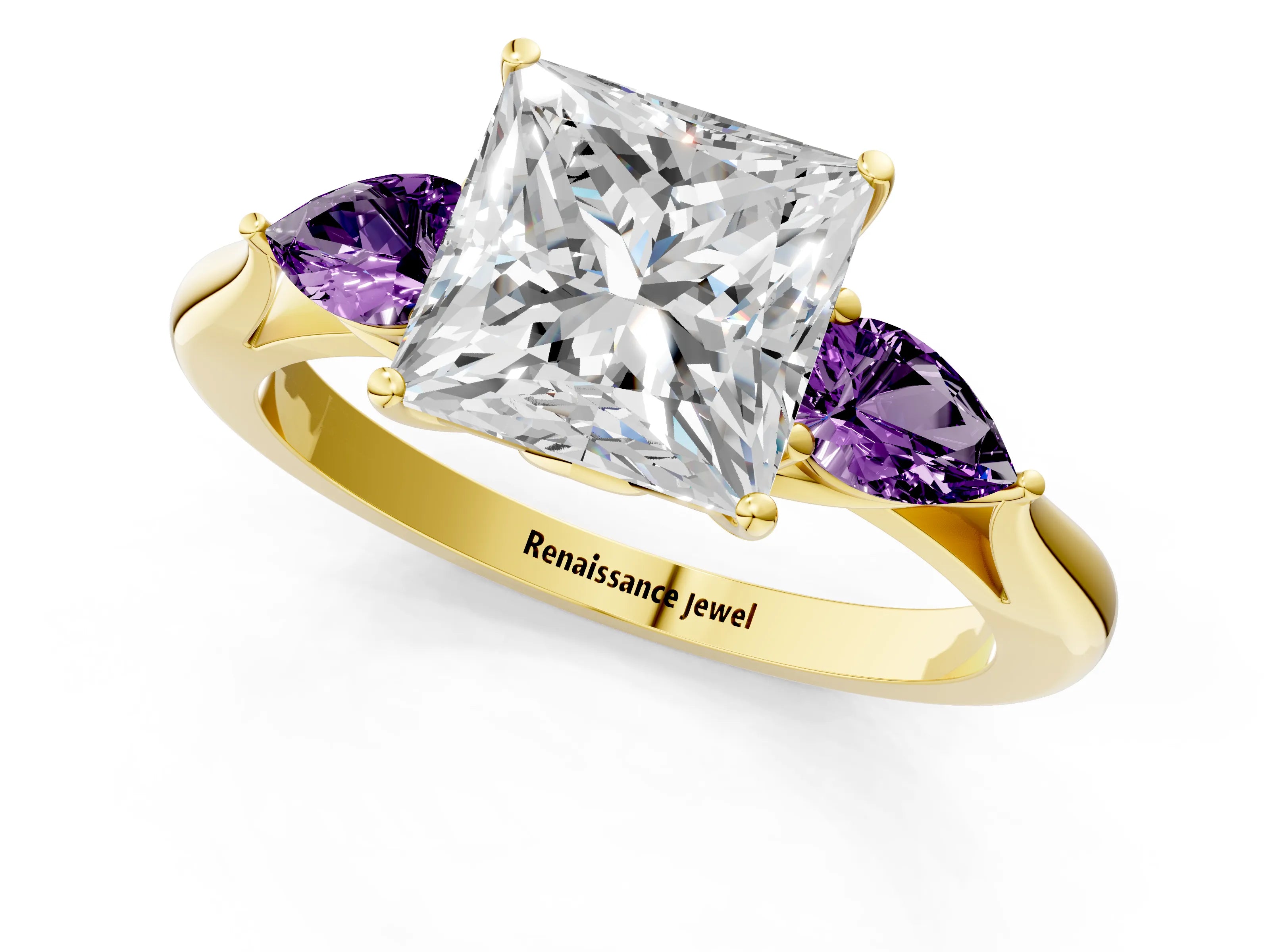 Yellow gold Princess Cut Diamond Three-Stone Ring with Pear with Amethyst side stone Side Stones and Prong Setting_1
