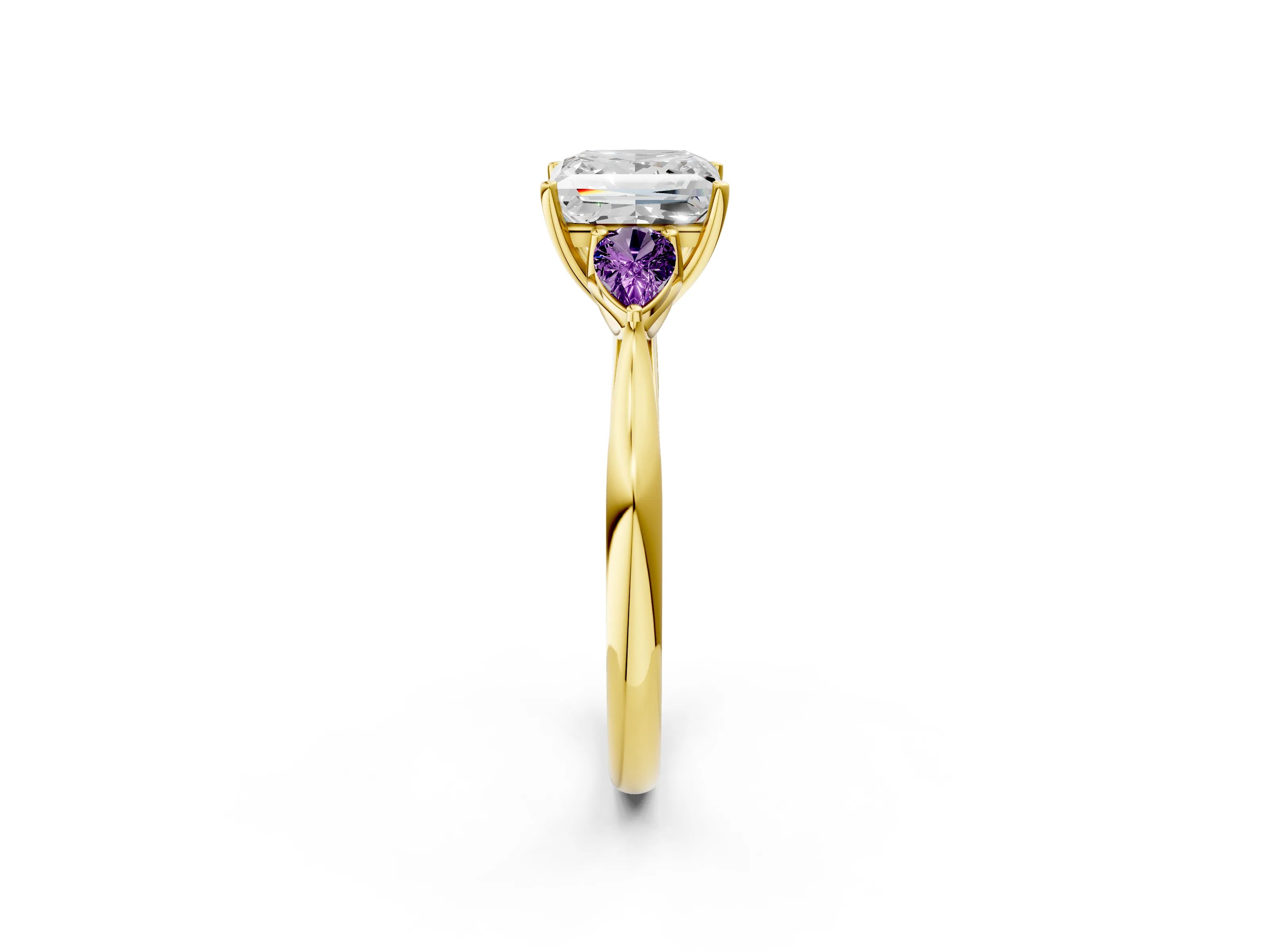 Yellow gold Princess Cut Diamond Three-Stone Ring with Pear with Amethyst side stone Side Stones and Prong Setting_2