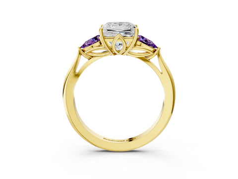 Yellow gold Princess Cut Diamond Three-Stone Ring with Pear with Amethyst side stone Side Stones and Prong Setting_3