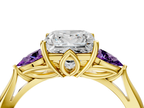 Yellow gold Princess Cut Diamond Three-Stone Ring with Pear with Amethyst side stone Side Stones and Prong Setting_4