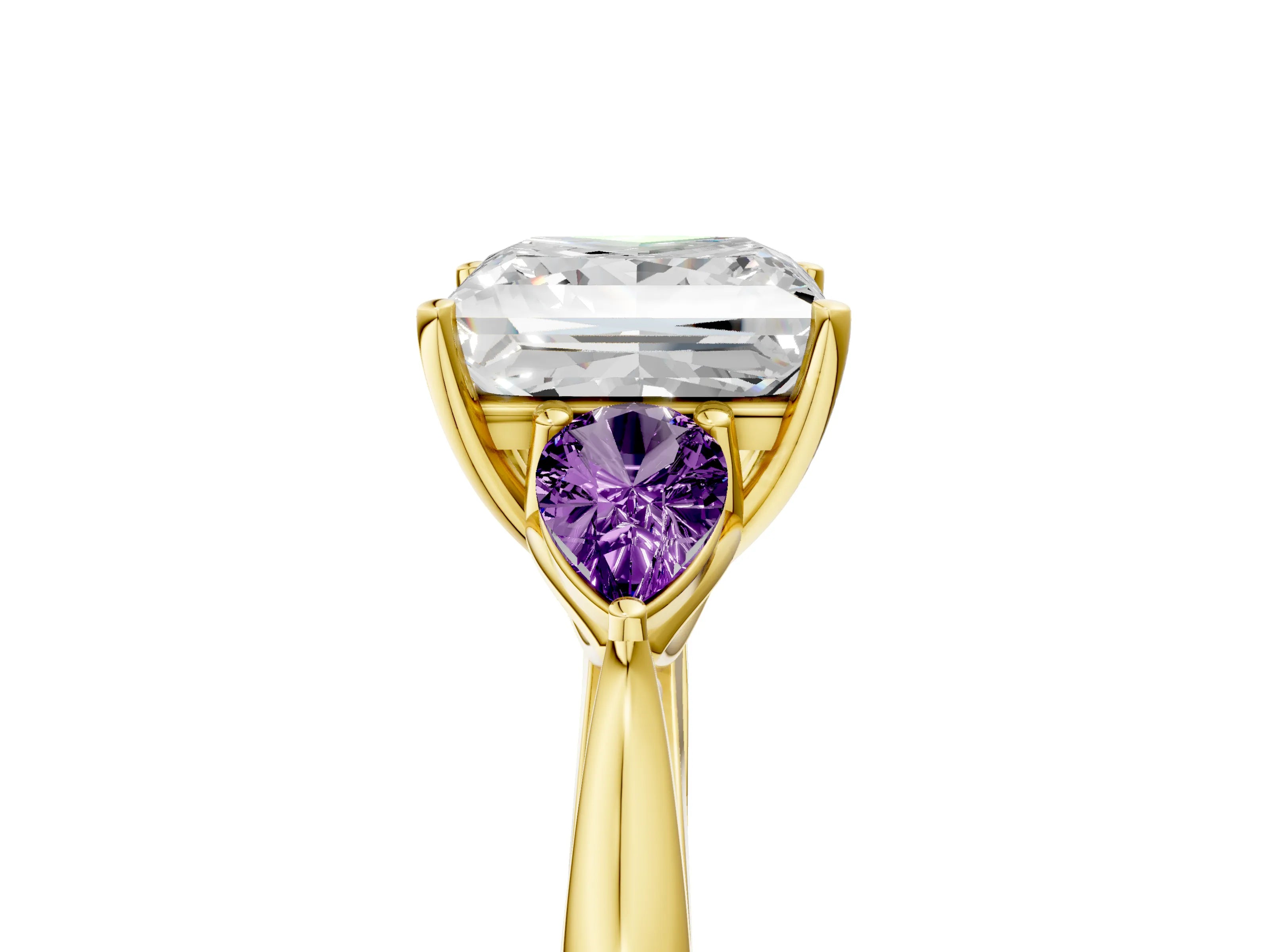Yellow gold Princess Cut Diamond Three-Stone Ring with Pear with Amethyst side stone Side Stones and Prong Setting_5