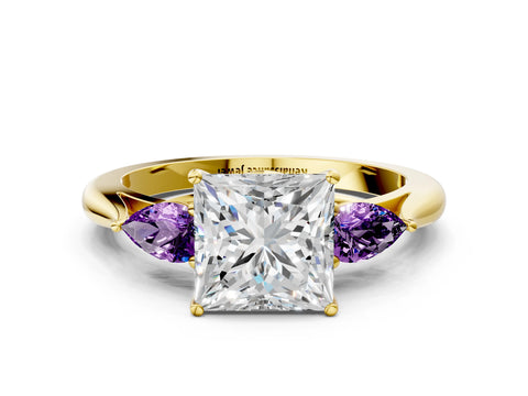 Yellow gold Princess Cut Diamond Three-Stone Ring with Pear with Amethyst side stone Side Stones and Prong Setting