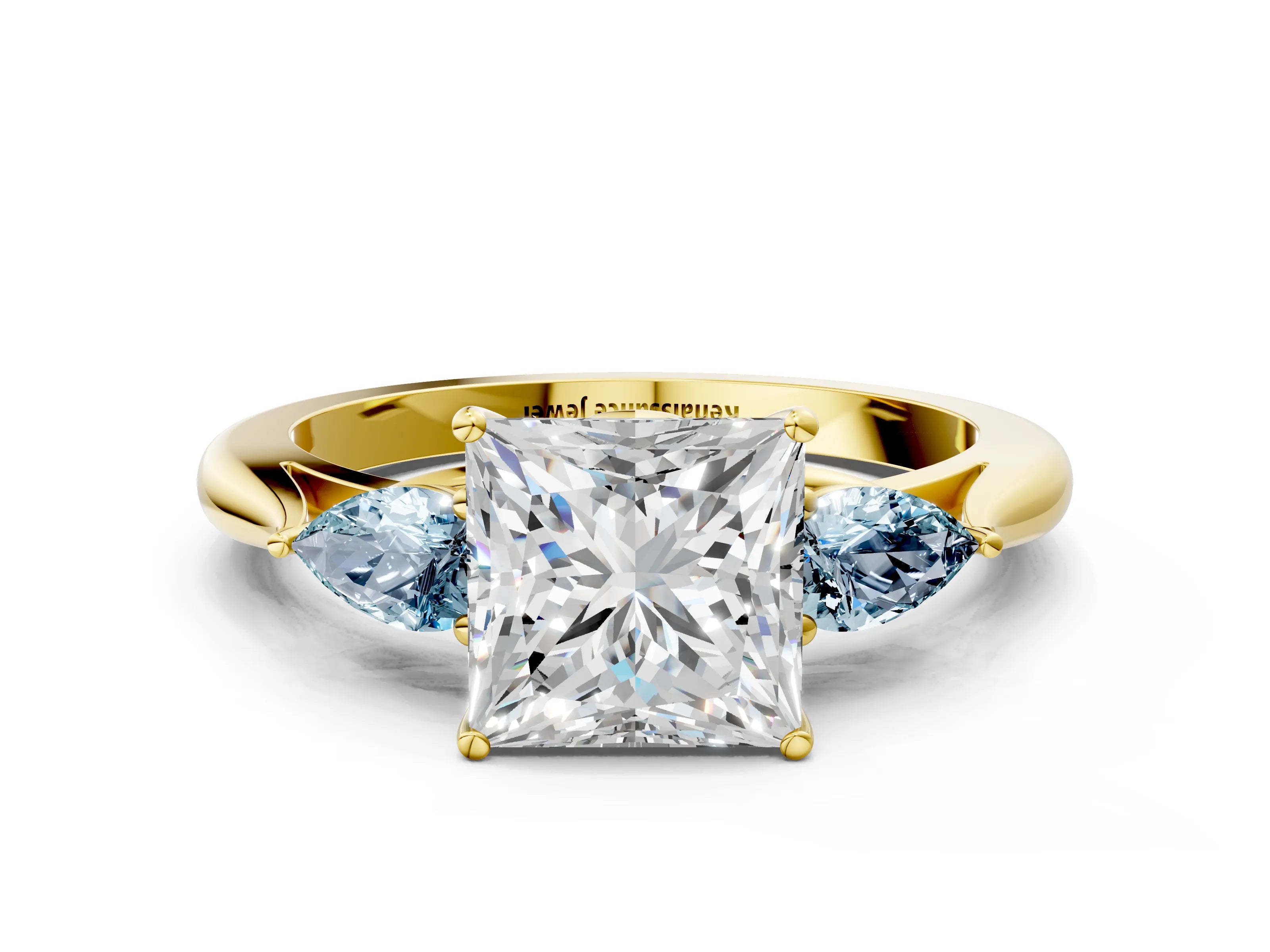 Yellow gold Princess Cut Diamond Three-Stone Ring with Pear with Aquamarine side stone Side Stones and Prong Setting