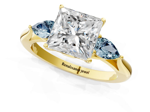 Yellow gold Princess Cut Diamond Three-Stone Ring with Pear with Aquamarine side stone Side Stones and Prong Setting_1
