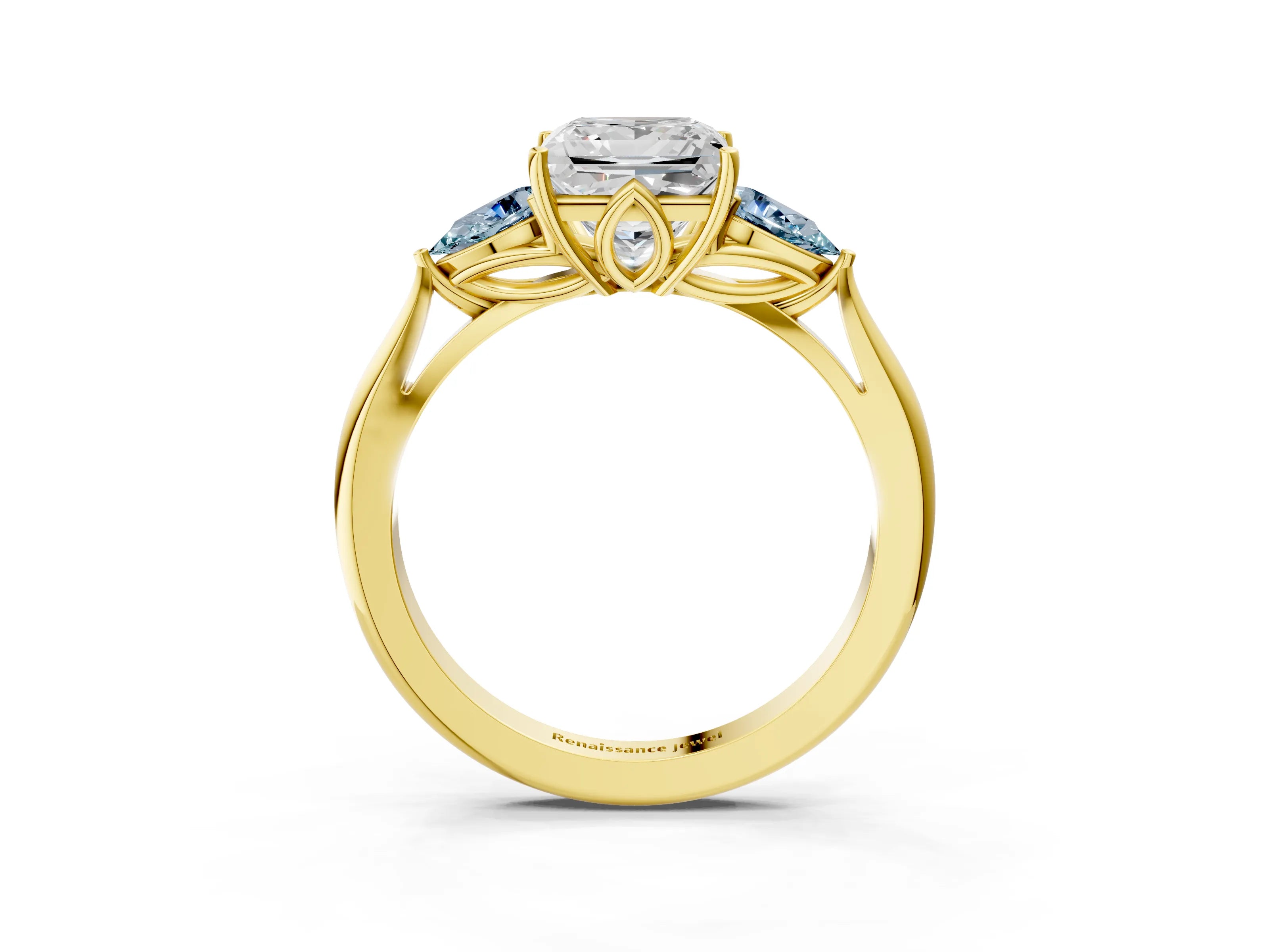 Yellow gold Princess Cut Diamond Three-Stone Ring with Pear with Aquamarine side stone Side Stones and Prong Setting_3