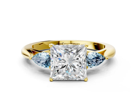 Yellow gold Princess Cut Diamond Three-Stone Ring with Pear with Aquamarine side stone Side Stones and Prong Setting