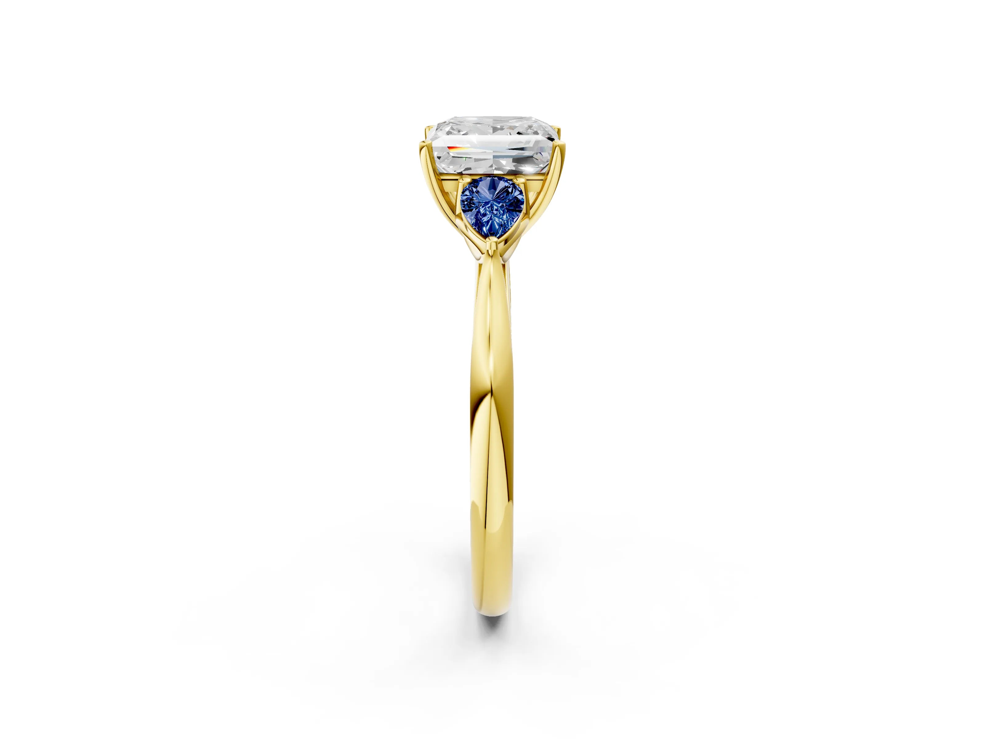 Yellow gold Princess Cut Diamond Three-Stone Ring with Pear with Blue Sapphire side stone Side Stones and Prong Setting_2
