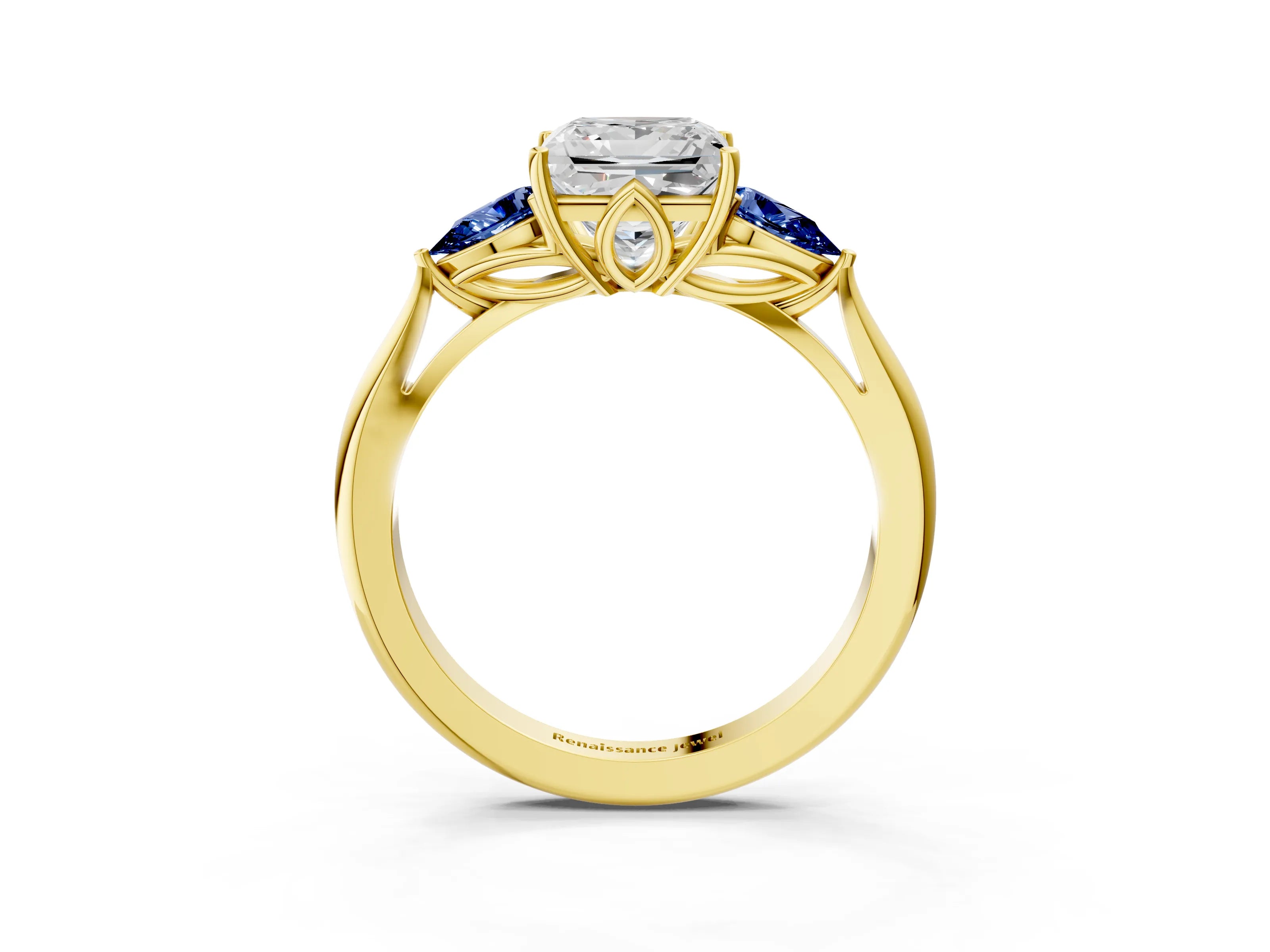 Yellow gold Princess Cut Diamond Three-Stone Ring with Pear with Blue Sapphire side stone Side Stones and Prong Setting_3