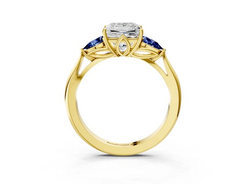 Yellow gold Princess Cut Diamond Three-Stone Ring with Pear with Blue Sapphire side stone Side Stones and Prong Setting_3