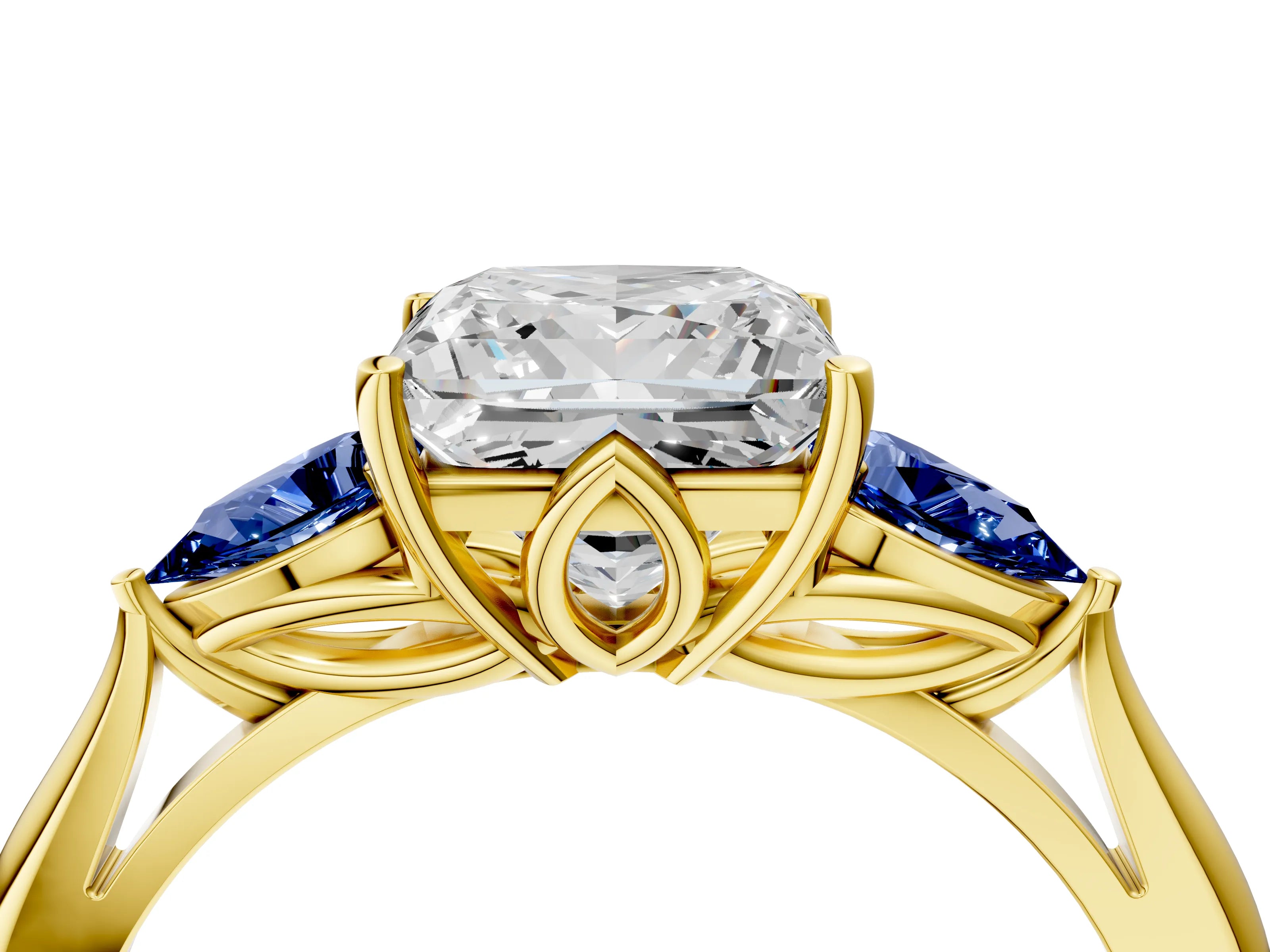 Yellow gold Princess Cut Diamond Three-Stone Ring with Pear with Blue Sapphire side stone Side Stones and Prong Setting_4