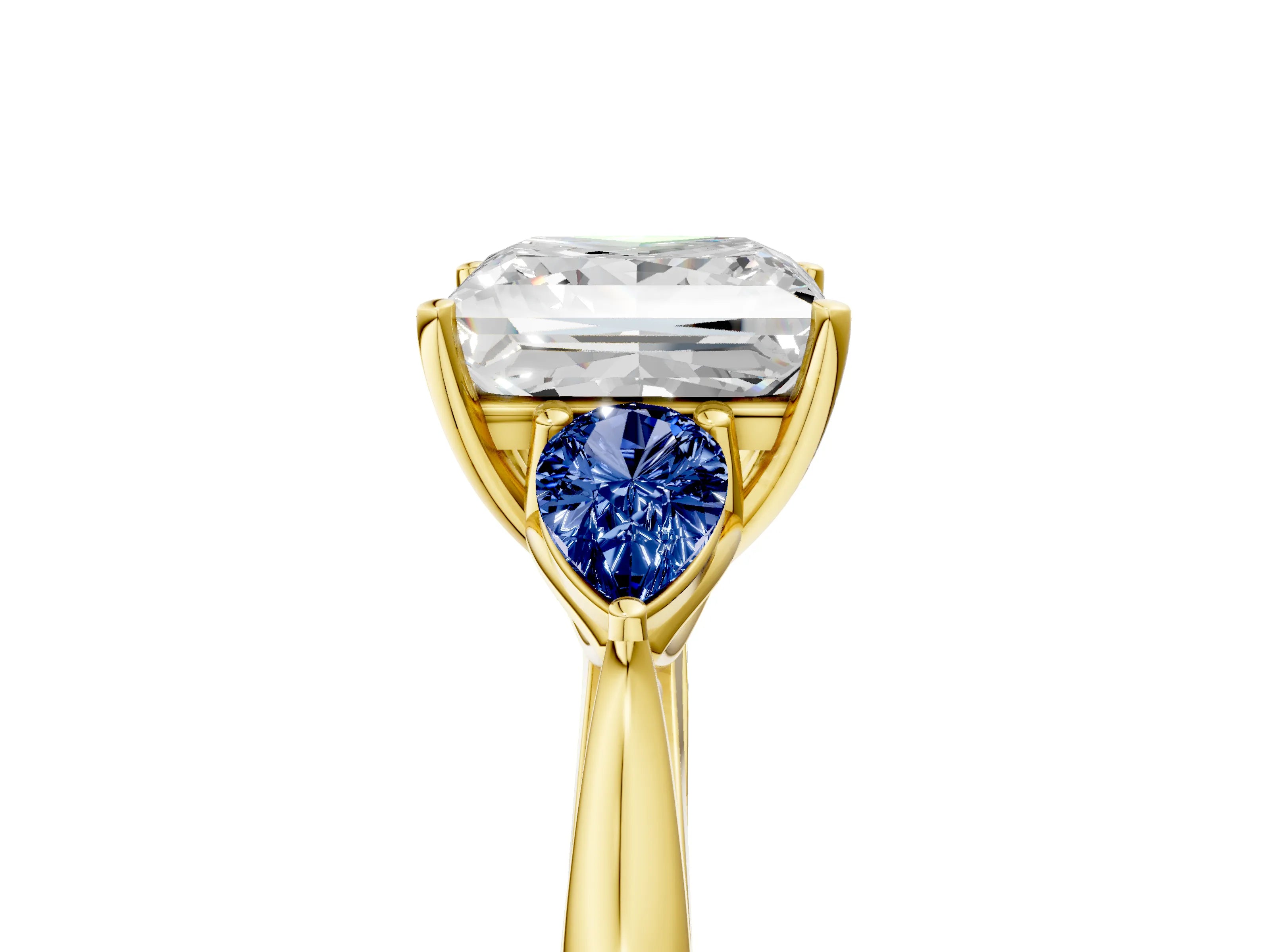 Yellow gold Princess Cut Diamond Three-Stone Ring with Pear with Blue Sapphire side stone Side Stones and Prong Setting_5