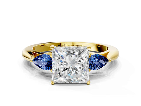 Yellow gold Princess Cut Diamond Three-Stone Ring with Pear with Blue Sapphire side stone Side Stones and Prong Setting