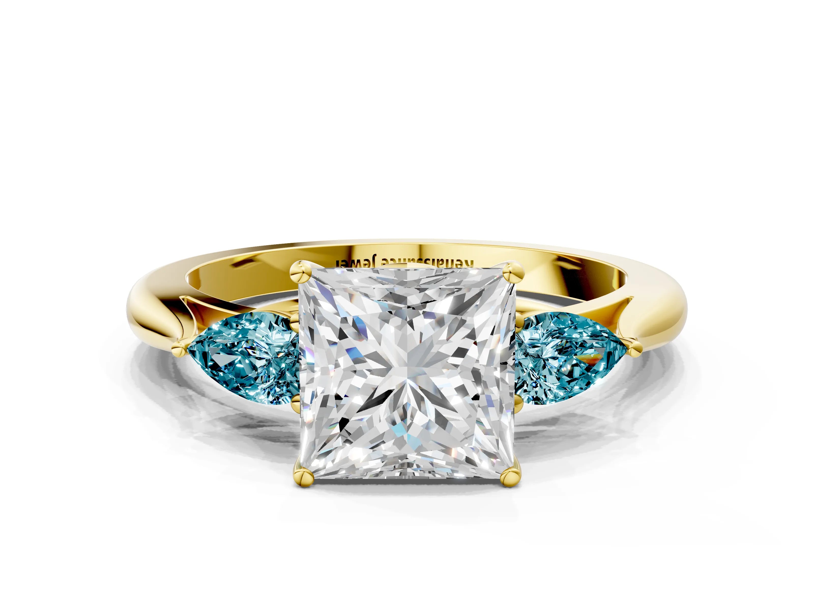 Yellow gold Princess Cut Diamond Three-Stone Ring with Pear with Blue Topaz side stone Side Stones and Prong Setting