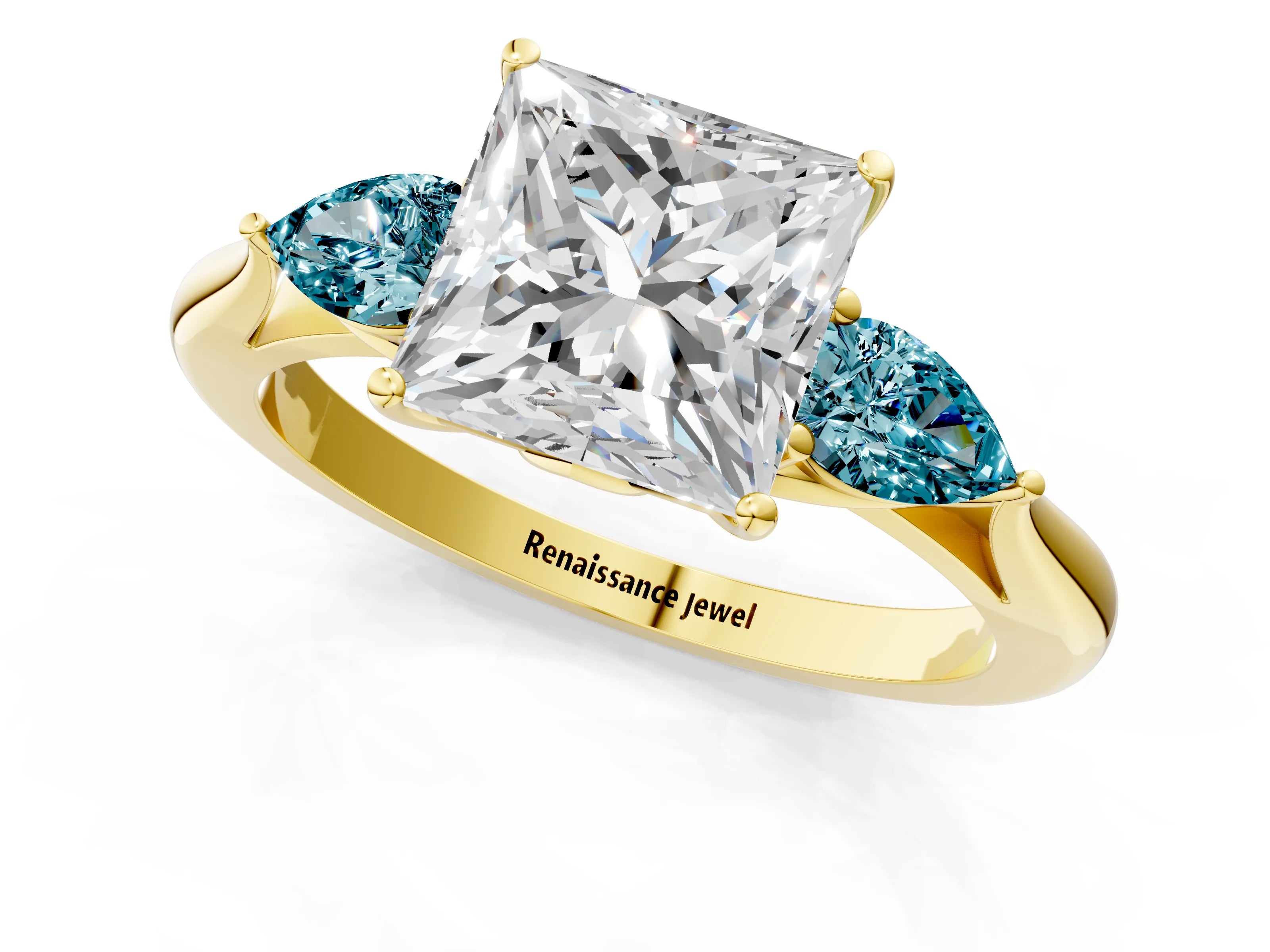 Yellow gold Princess Cut Diamond Three-Stone Ring with Pear with Blue Topaz side stone Side Stones and Prong Setting_1