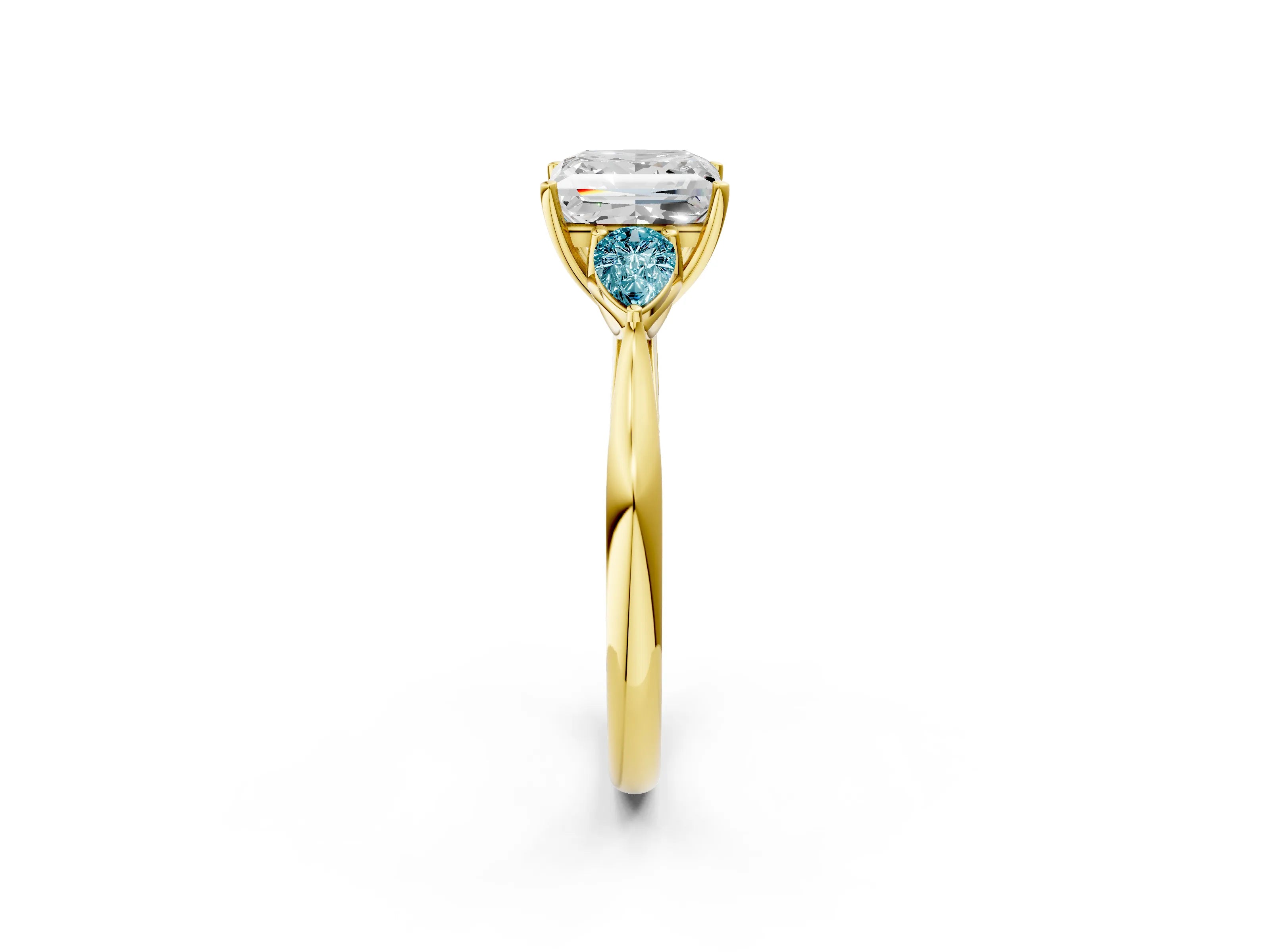 Yellow gold Princess Cut Diamond Three-Stone Ring with Pear with Blue Topaz side stone Side Stones and Prong Setting_2