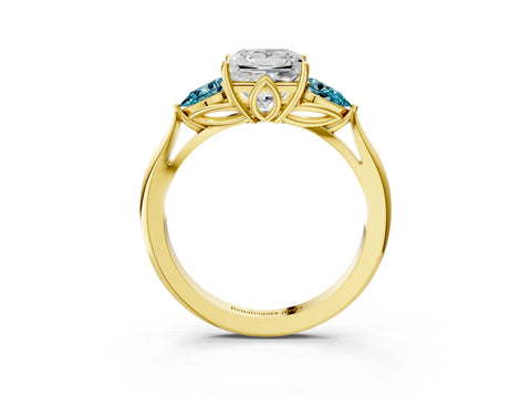 Yellow gold Princess Cut Diamond Three-Stone Ring with Pear with Blue Topaz side stone Side Stones and Prong Setting_3
