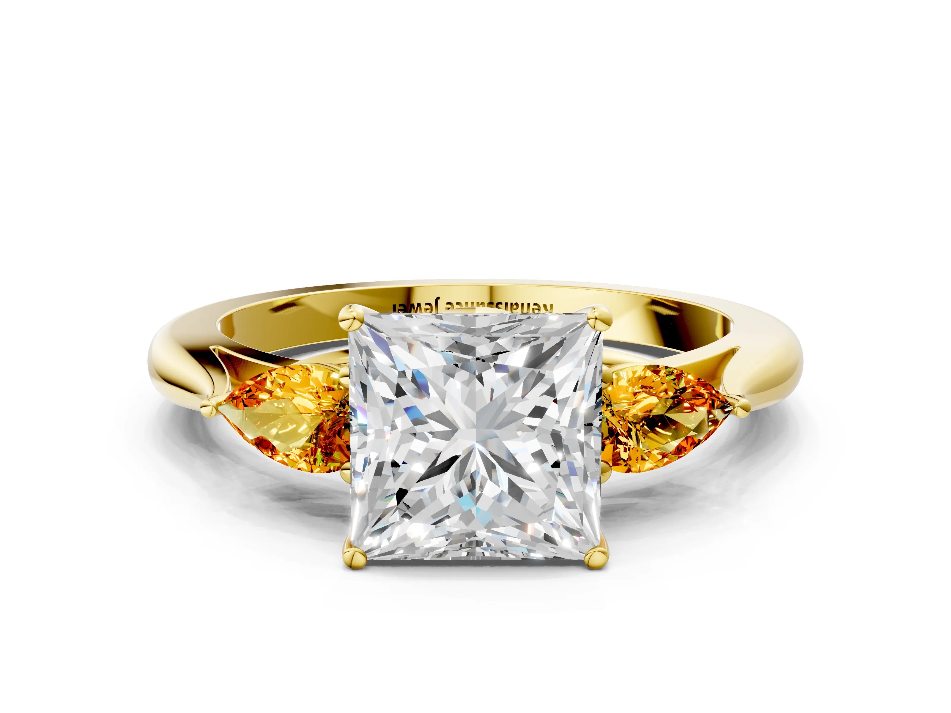 Yellow gold Princess Cut Diamond Three-Stone Ring with Pear with Citrine side stone Side Stones and Prong Setting