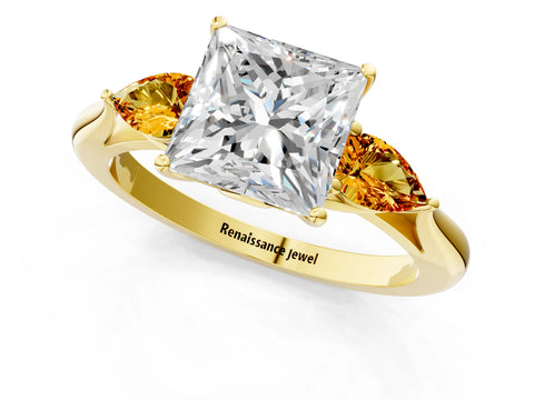 Yellow gold Princess Cut Diamond Three-Stone Ring with Pear with Citrine side stone Side Stones and Prong Setting_1