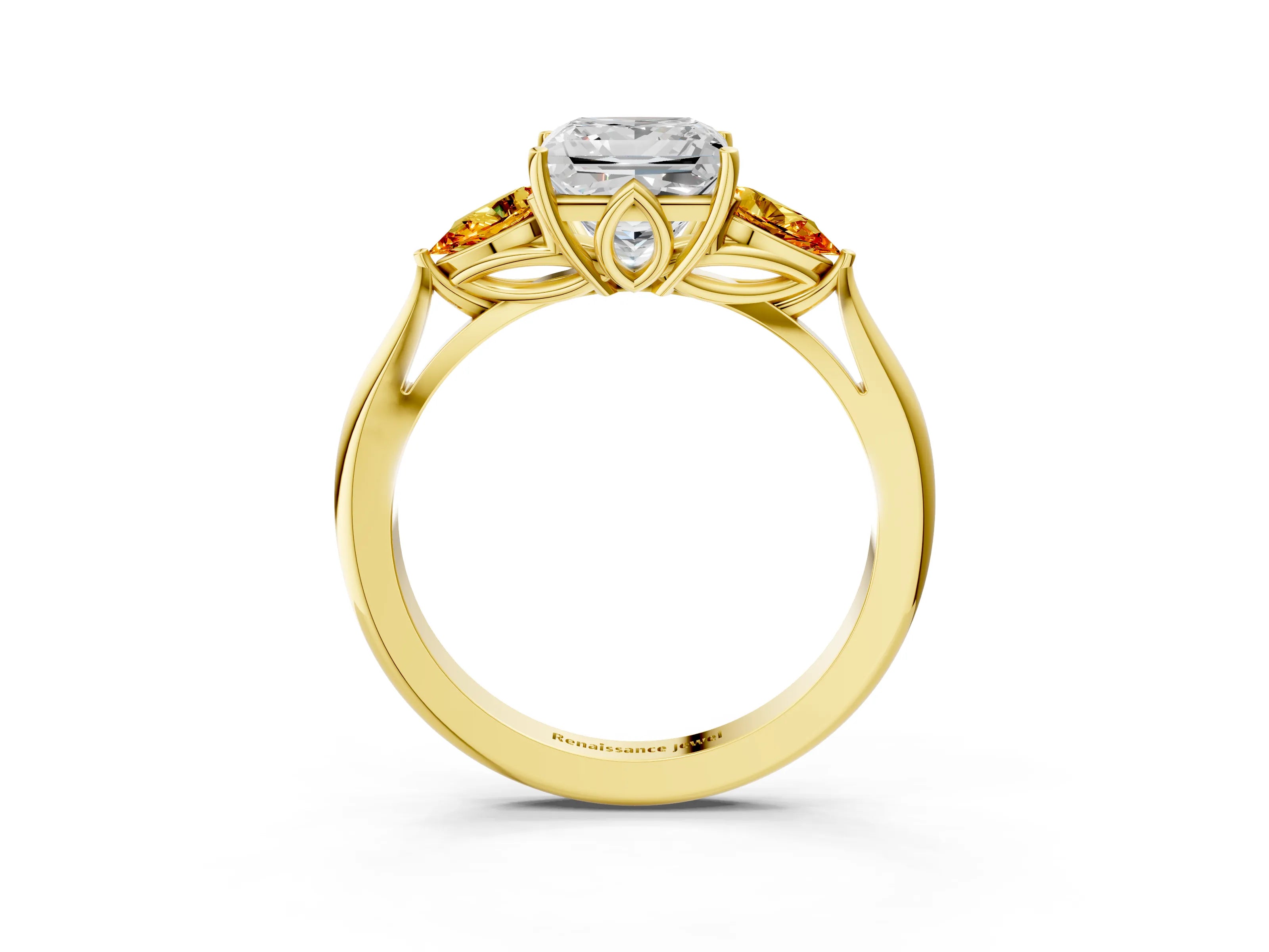 Yellow gold Princess Cut Diamond Three-Stone Ring with Pear with Citrine side stone Side Stones and Prong Setting_3