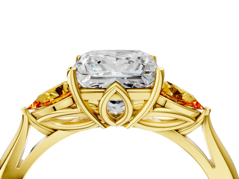 Yellow gold Princess Cut Diamond Three-Stone Ring with Pear with Citrine side stone Side Stones and Prong Setting_4