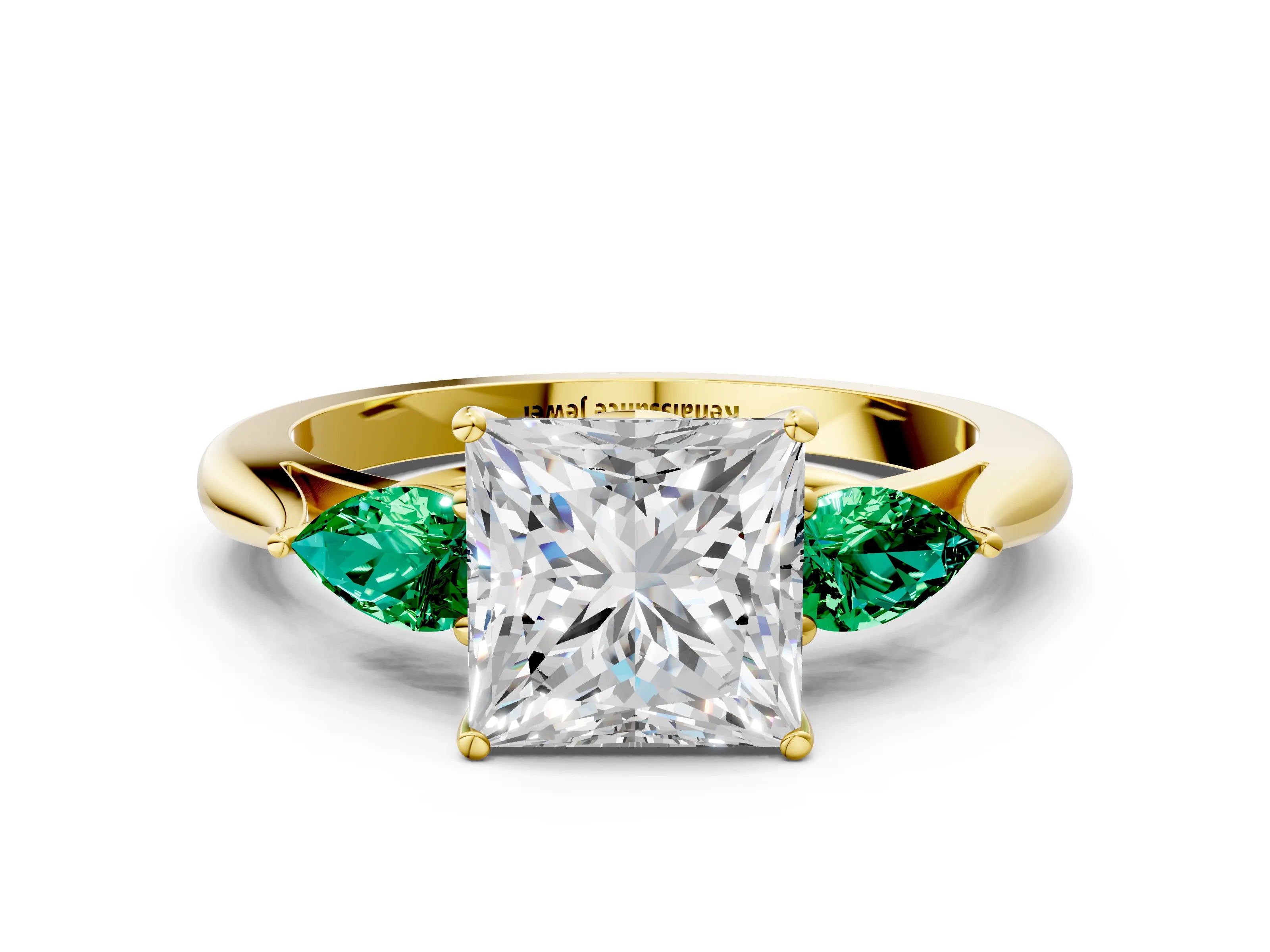 Yellow gold Princess Cut Diamond Three-Stone Ring with Pear with Emerald side stone Side Stones and Prong Setting
