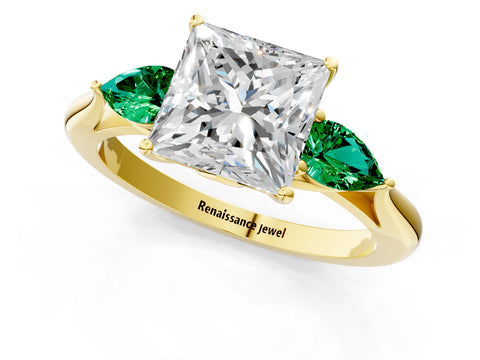 Yellow gold Princess Cut Diamond Three-Stone Ring with Pear with Emerald side stone Side Stones and Prong Setting_1