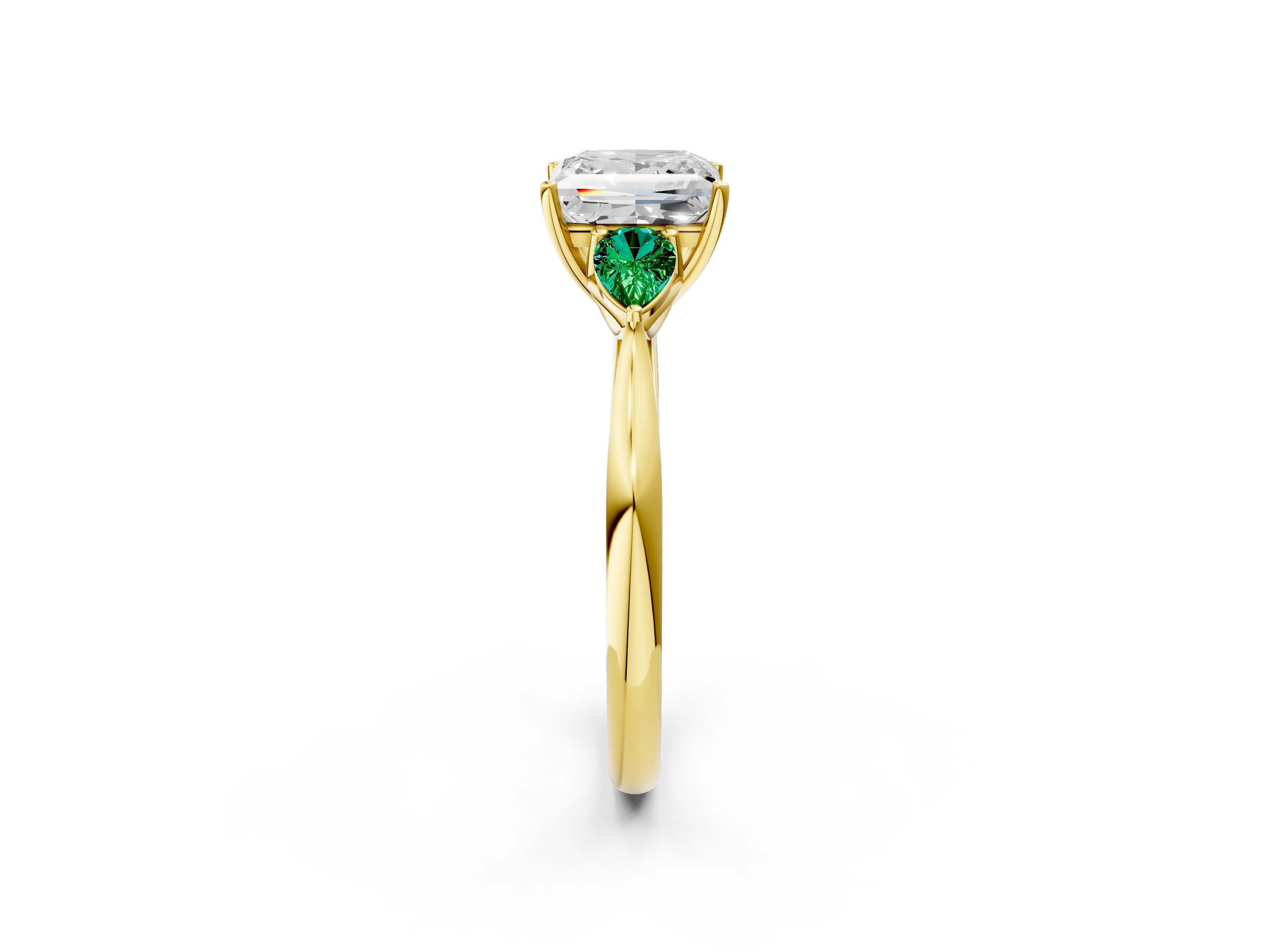 Yellow gold Princess Cut Diamond Three-Stone Ring with Pear with Emerald side stone Side Stones and Prong Setting_2