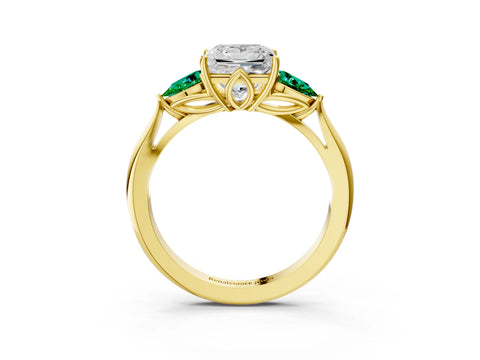 Yellow gold Princess Cut Diamond Three-Stone Ring with Pear with Emerald side stone Side Stones and Prong Setting_3