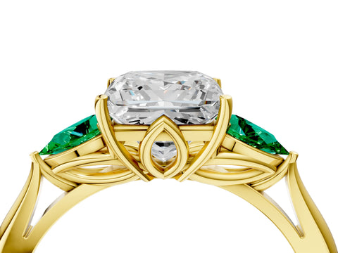 Yellow gold Princess Cut Diamond Three-Stone Ring with Pear with Emerald side stone Side Stones and Prong Setting_4