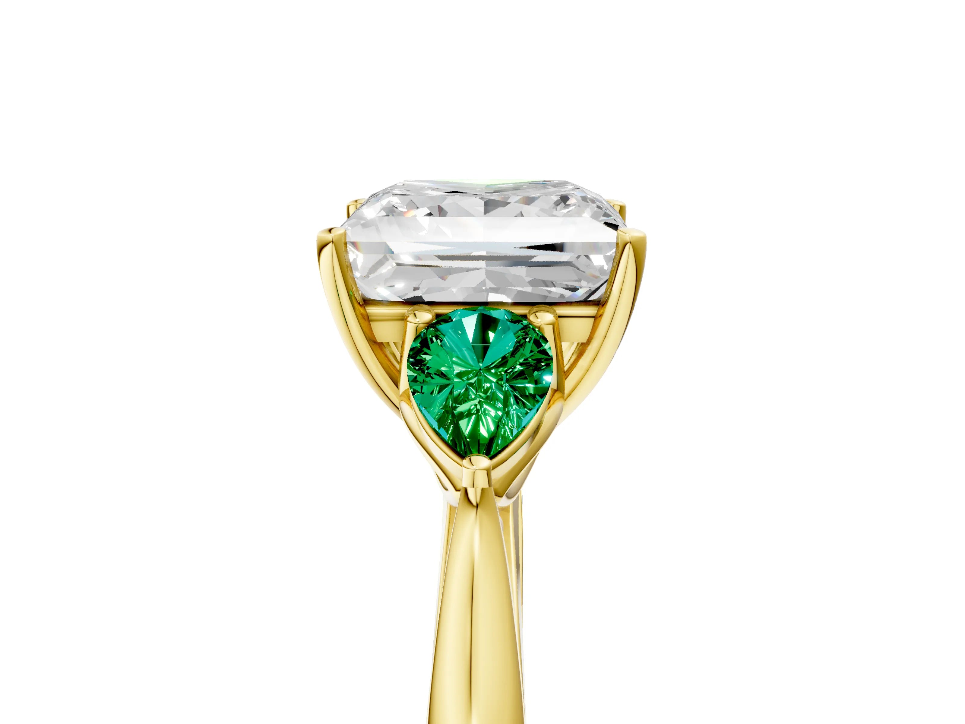 Yellow gold Princess Cut Diamond Three-Stone Ring with Pear with Emerald side stone Side Stones and Prong Setting_5