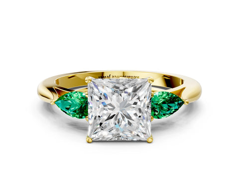 Yellow gold Princess Cut Diamond Three-Stone Ring with Pear with Emerald side stone Side Stones and Prong Setting