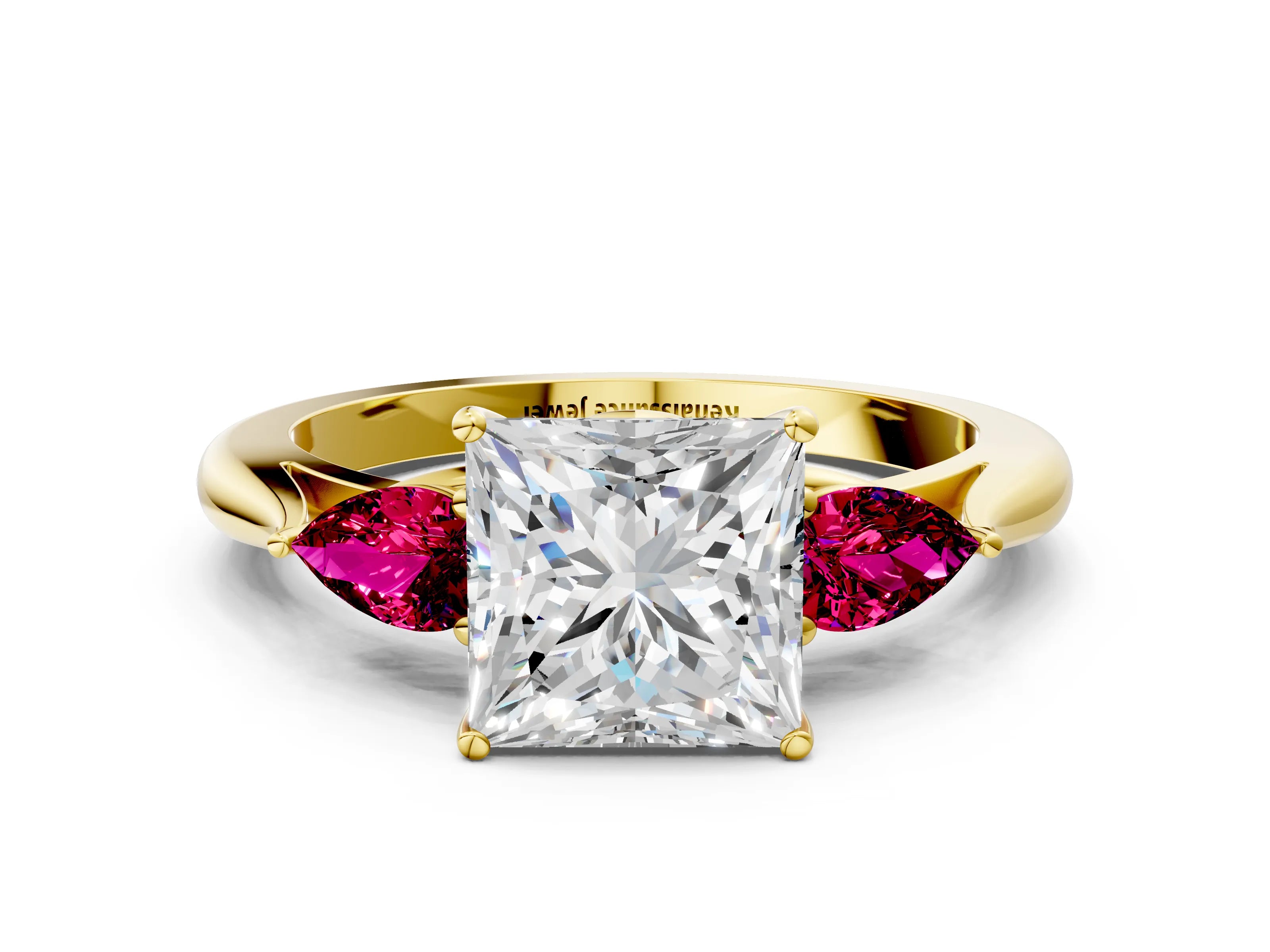 Yellow gold Princess Cut Diamond Three-Stone Ring with Pear with Garnet side stone Side Stones and Prong Setting