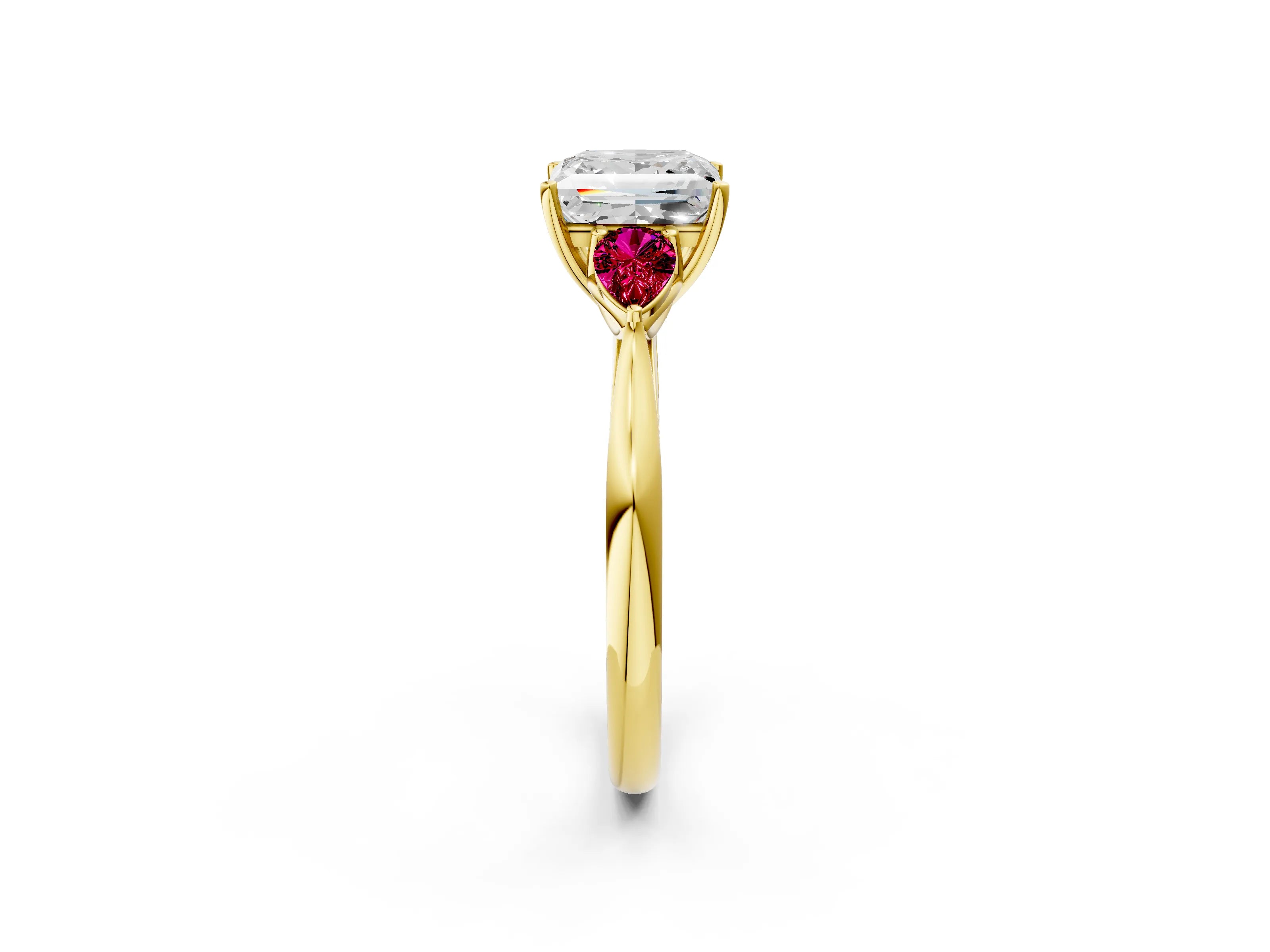 Yellow gold Princess Cut Diamond Three-Stone Ring with Pear with Garnet side stone Side Stones and Prong Setting_2