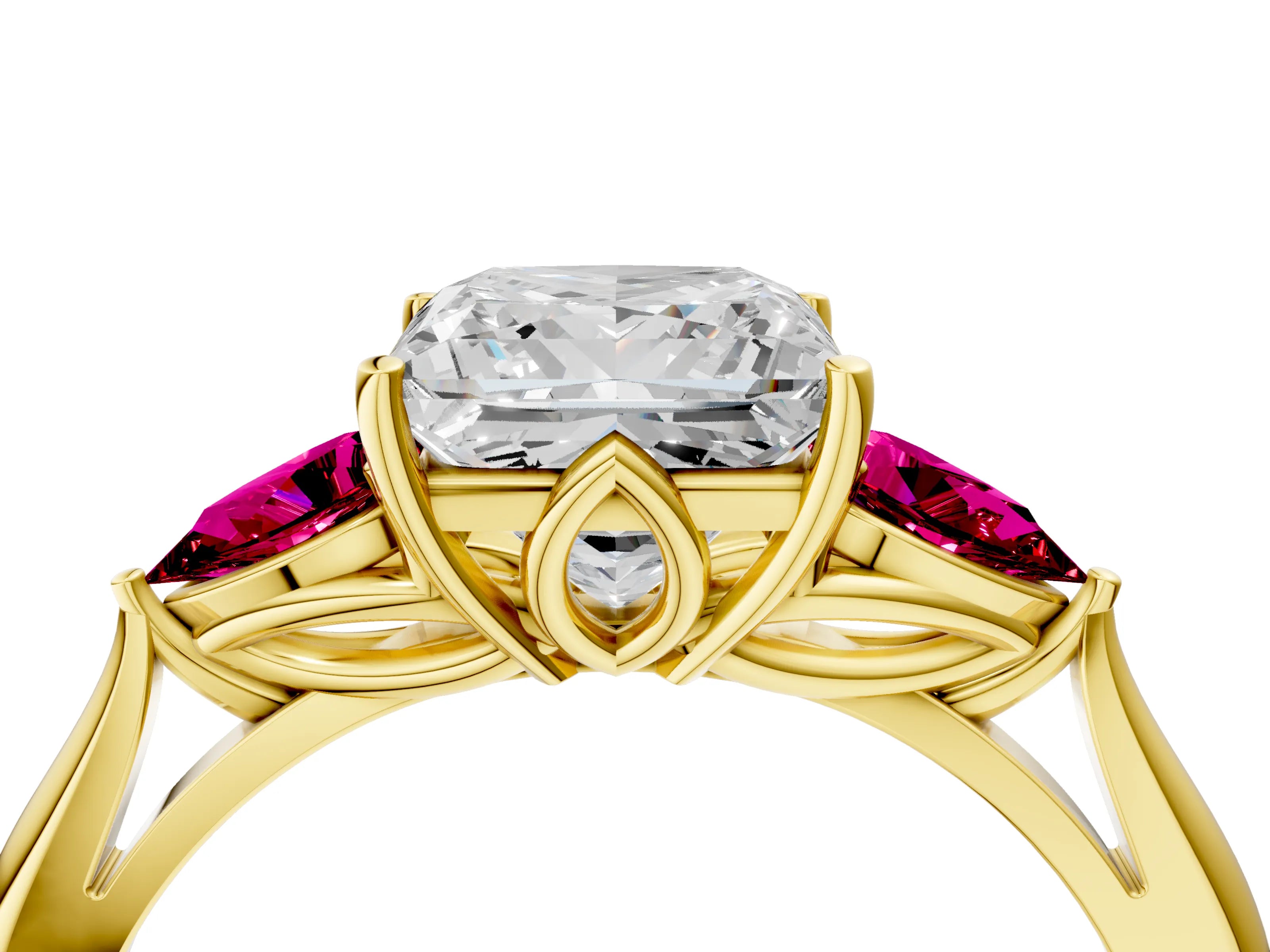 Yellow gold Princess Cut Diamond Three-Stone Ring with Pear with Garnet side stone Side Stones and Prong Setting_4