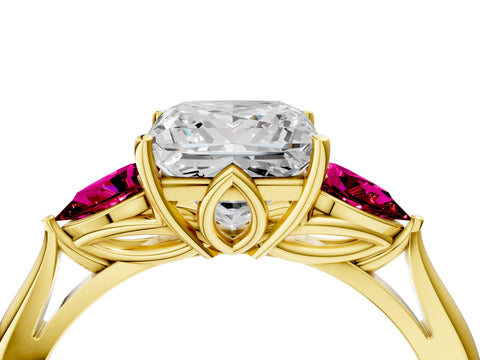 Yellow gold Princess Cut Diamond Three-Stone Ring with Pear with Garnet side stone Side Stones and Prong Setting_4