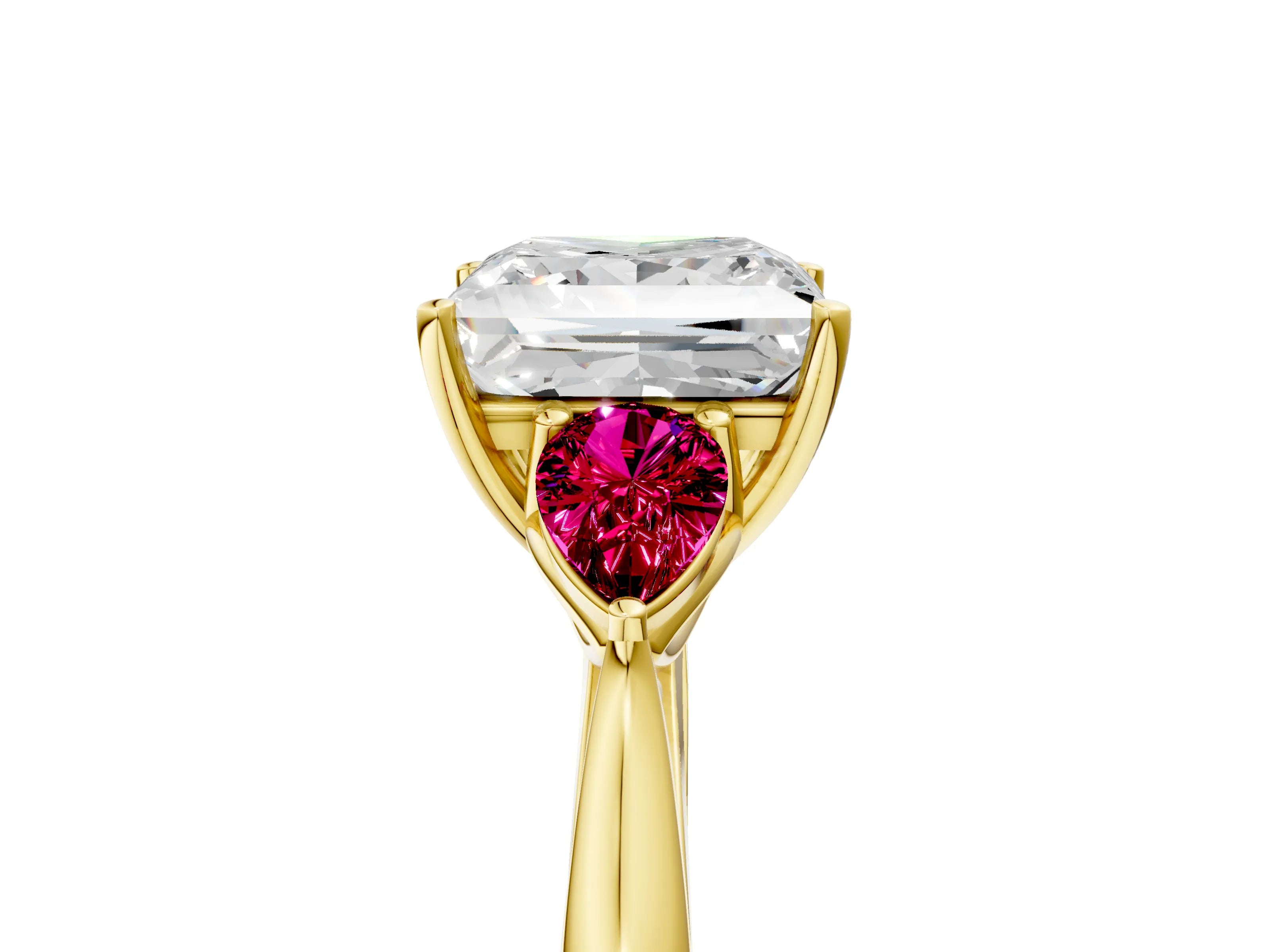 Yellow gold Princess Cut Diamond Three-Stone Ring with Pear with Garnet side stone Side Stones and Prong Setting_5