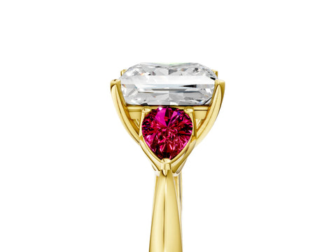 Yellow gold Princess Cut Diamond Three-Stone Ring with Pear with Garnet side stone Side Stones and Prong Setting_5