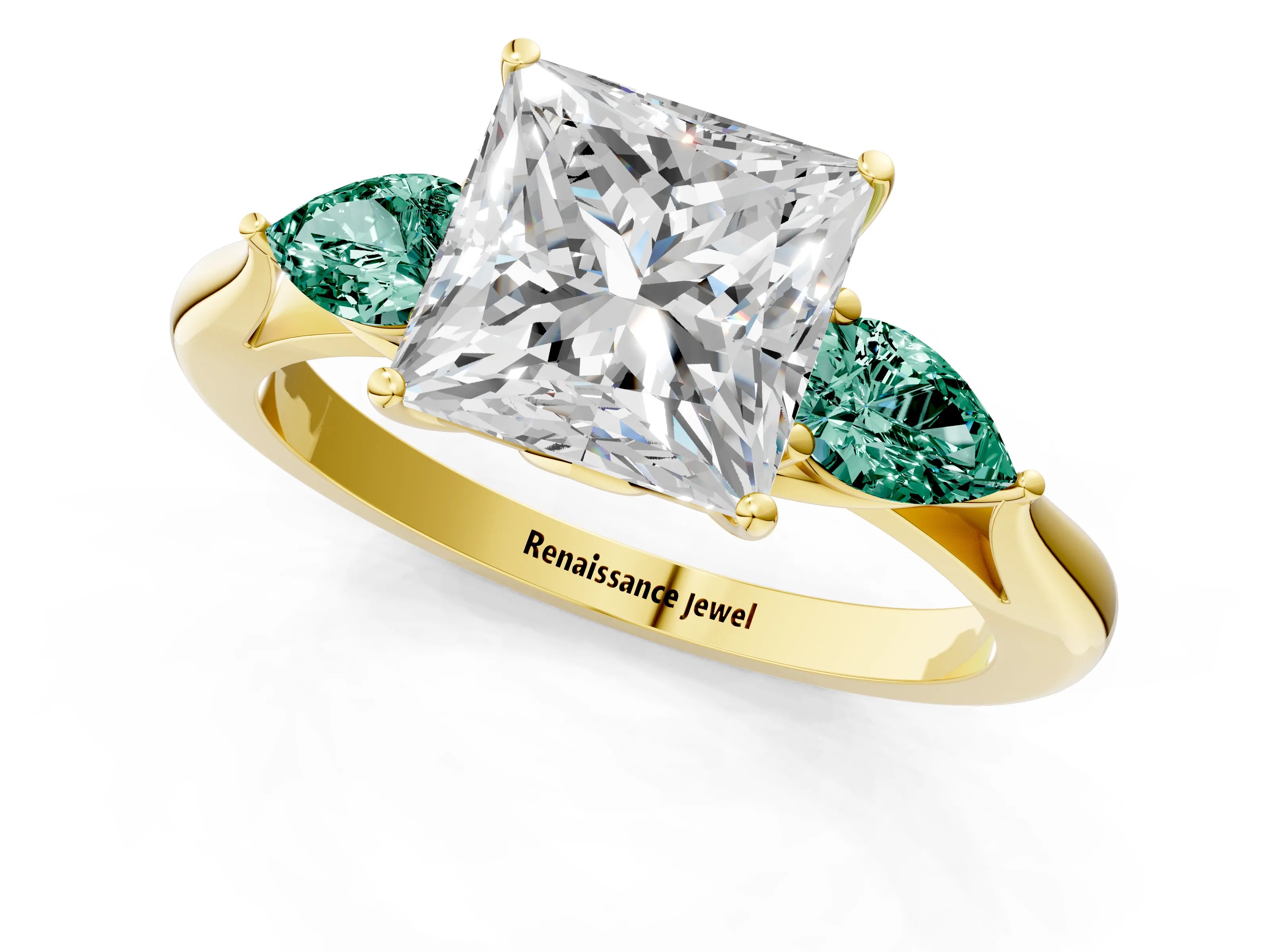 Yellow gold Princess Cut Diamond Three-Stone Ring with Pear with Green Sapphire side stone Side Stones and Prong Setting_1