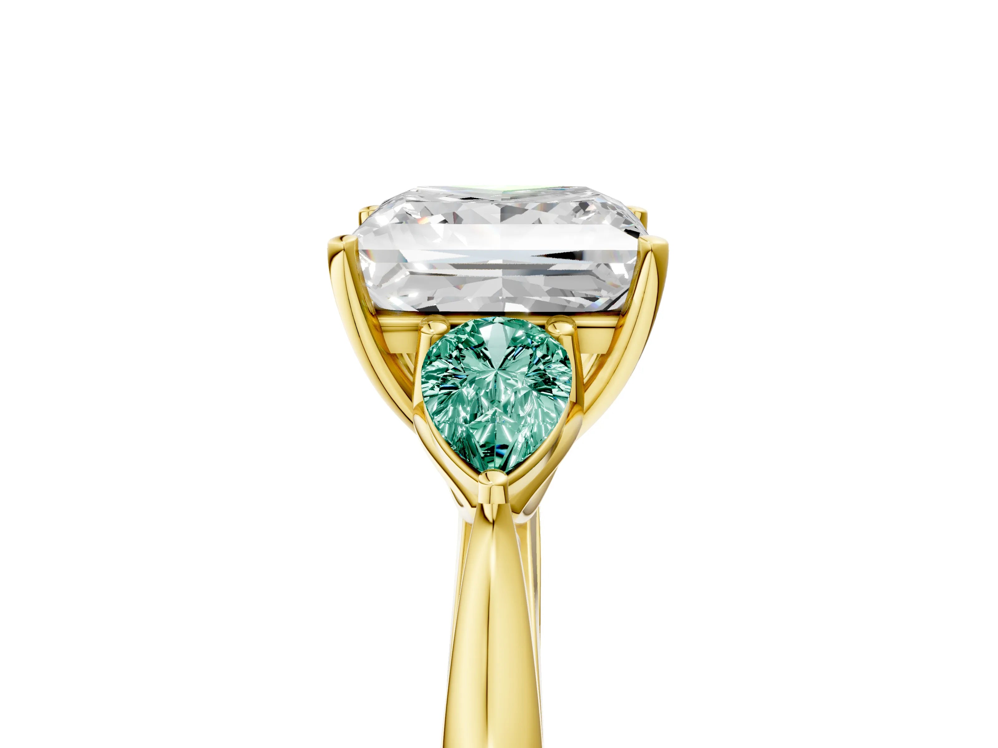 Yellow gold Princess Cut Diamond Three-Stone Ring with Pear with Green Sapphire side stone Side Stones and Prong Setting_5