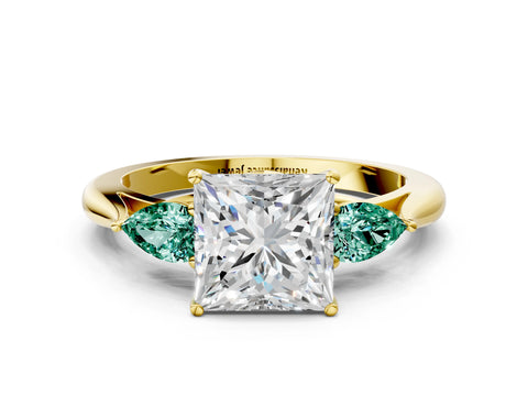 Yellow gold Princess Cut Diamond Three-Stone Ring with Pear with Green Sapphire side stone Side Stones and Prong Setting